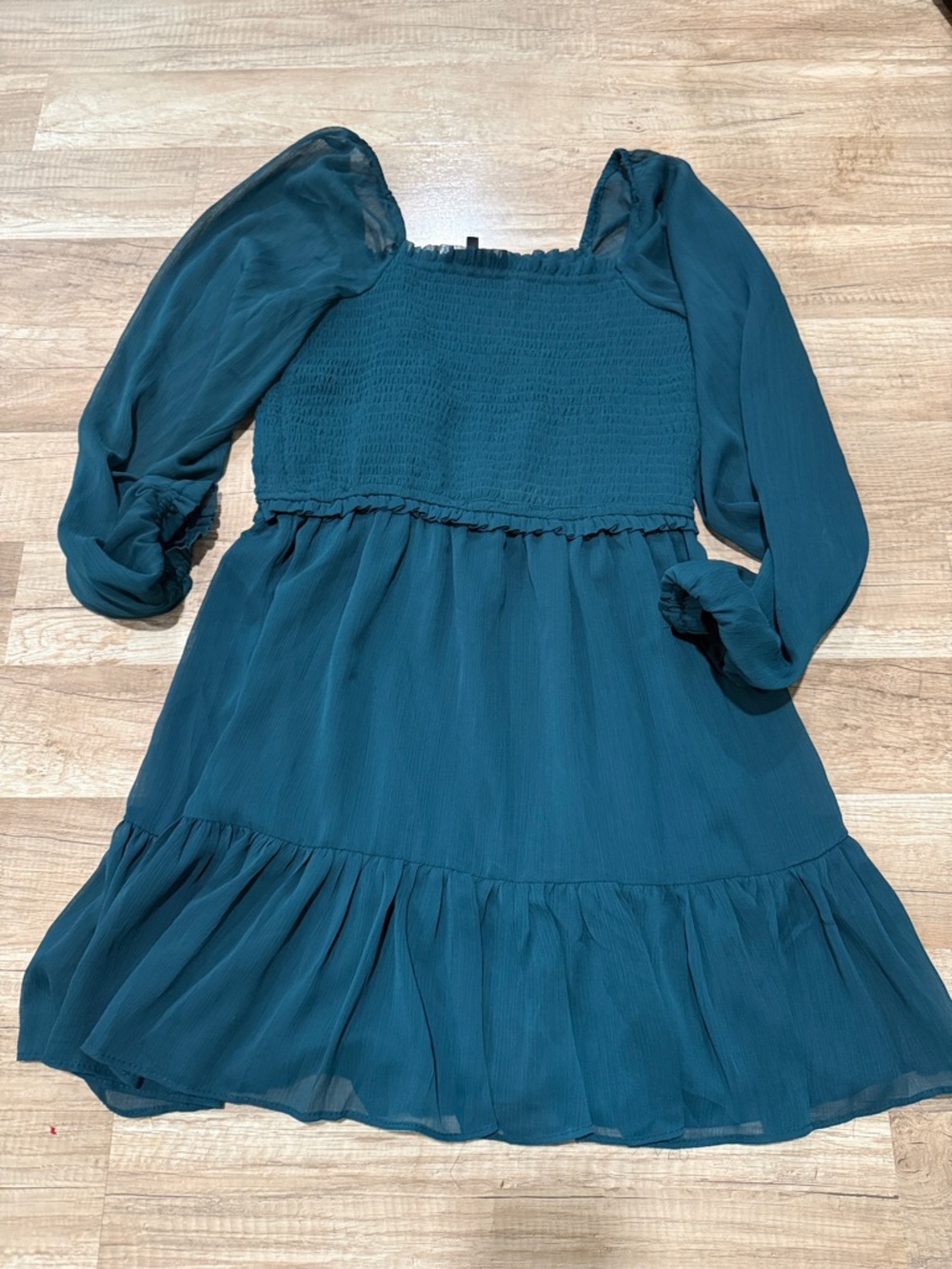 1. State Teal Square-Neck Long Sleeve Tiered Dress medium M